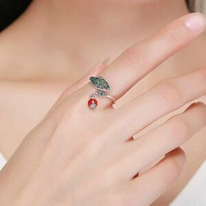 Helen de Lete Ladybug on Tree Leaf S925 Sterling Silver Adjustable Ring