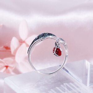 Helen de Lete Ladybug on Tree Leaf S925 Sterling Silver Adjustable Ring