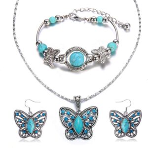 cocazyw silver turquoise bracelet and earrings for women girl retro charm gemstone jewelry set pendant necklace and drop earrings for women girl (style one)