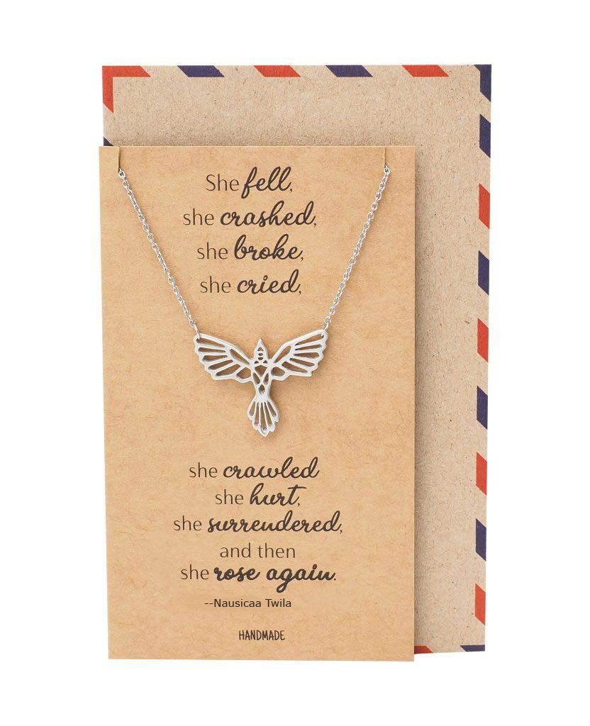 quan jewelry Phoenix Pendant Women Necklace, Bird Charm with Motivational Quote Card,Gift for Mom, Sister - Handmade (Silver Tone)