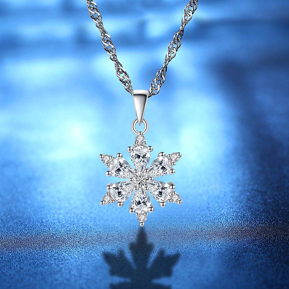 OKA Lucky Snowflake Necklace Long Pendant Necklace with White Cubic Zirconia Silver Jewelry Christmas New Year Holiday Gifts for Women Girls