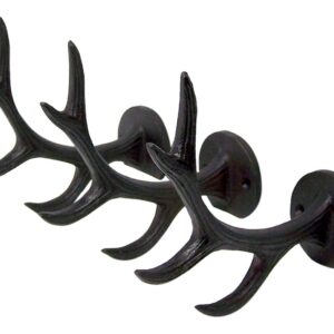 Wowser Four Point Dark Brown Deer Antler Cast Iron Wall Mount Coat Hooks, 5 1/2 Inch, Set of 3