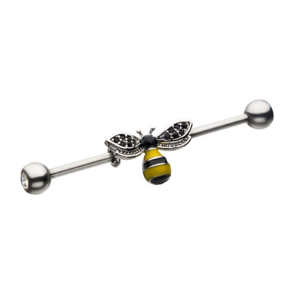 Pierced Owl Honey Bee with Black CZ Crystal Wings Stainless Steel Industrial Barbell