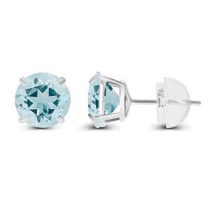 Sterling Silver 6mm Round Natural Aquamarine March Birthstone Prong Set Stud Earrings For Women