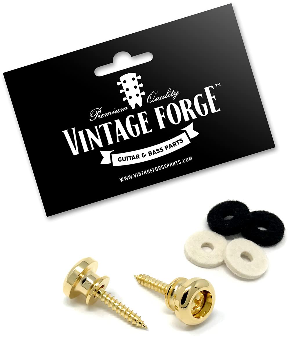 Vintage Forge Guitar Strap Buttons Gold Modern Style for Guitar and Bass (2) with Screws and Felt Washers Universal Fit for Ibanez, ESP, Jackson and more SB75-GLD