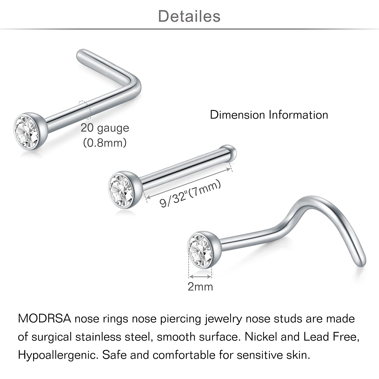 MODRSA Nose Rings Nose Piercings Hoop Nose Rings for Women Stainless Steel Silver Nose Rings Studs 20g