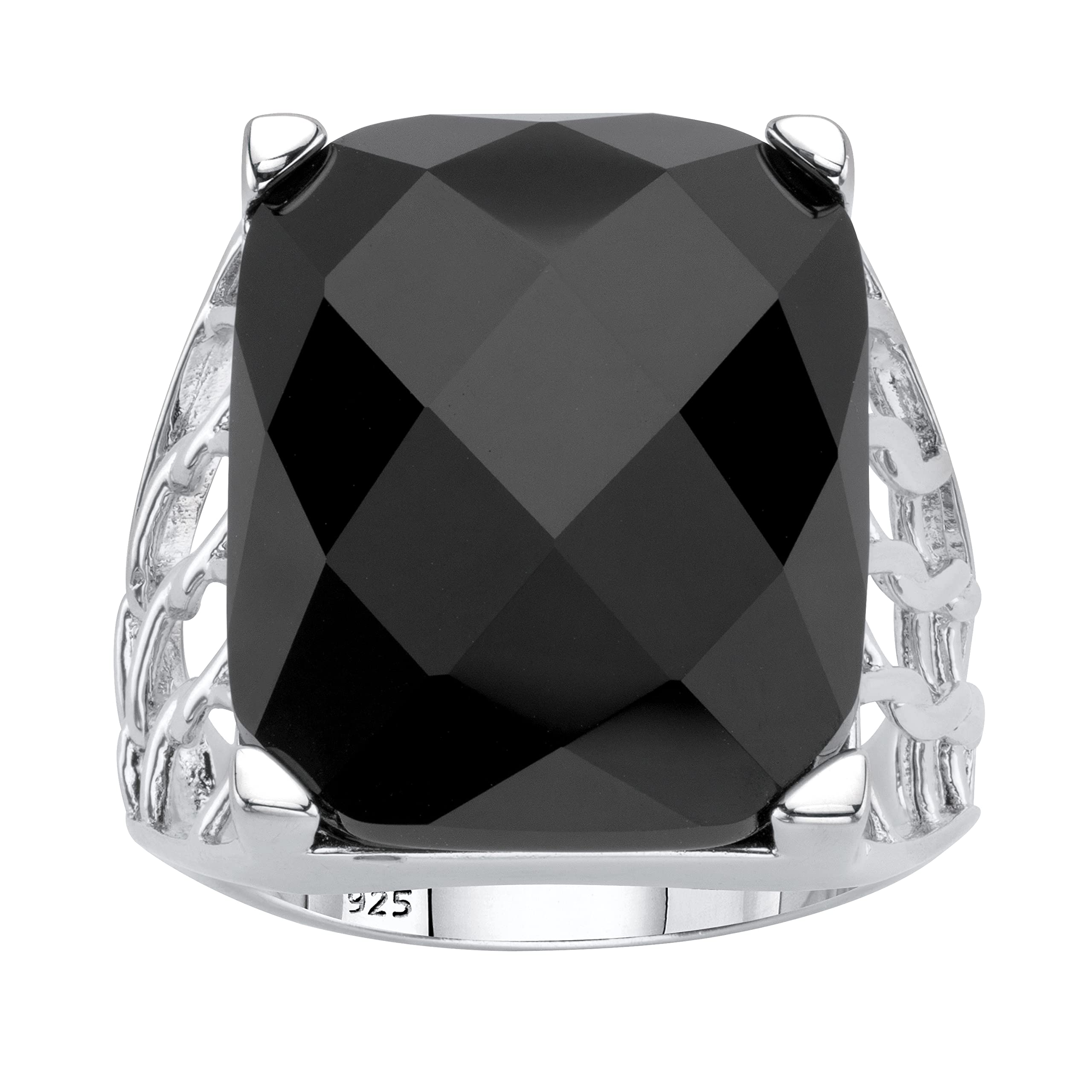 PalmBeach Sterling Silver Emerald Cut Natural Black Onyx Checkerboard Cut Ring Sizes 6-10 Size 8