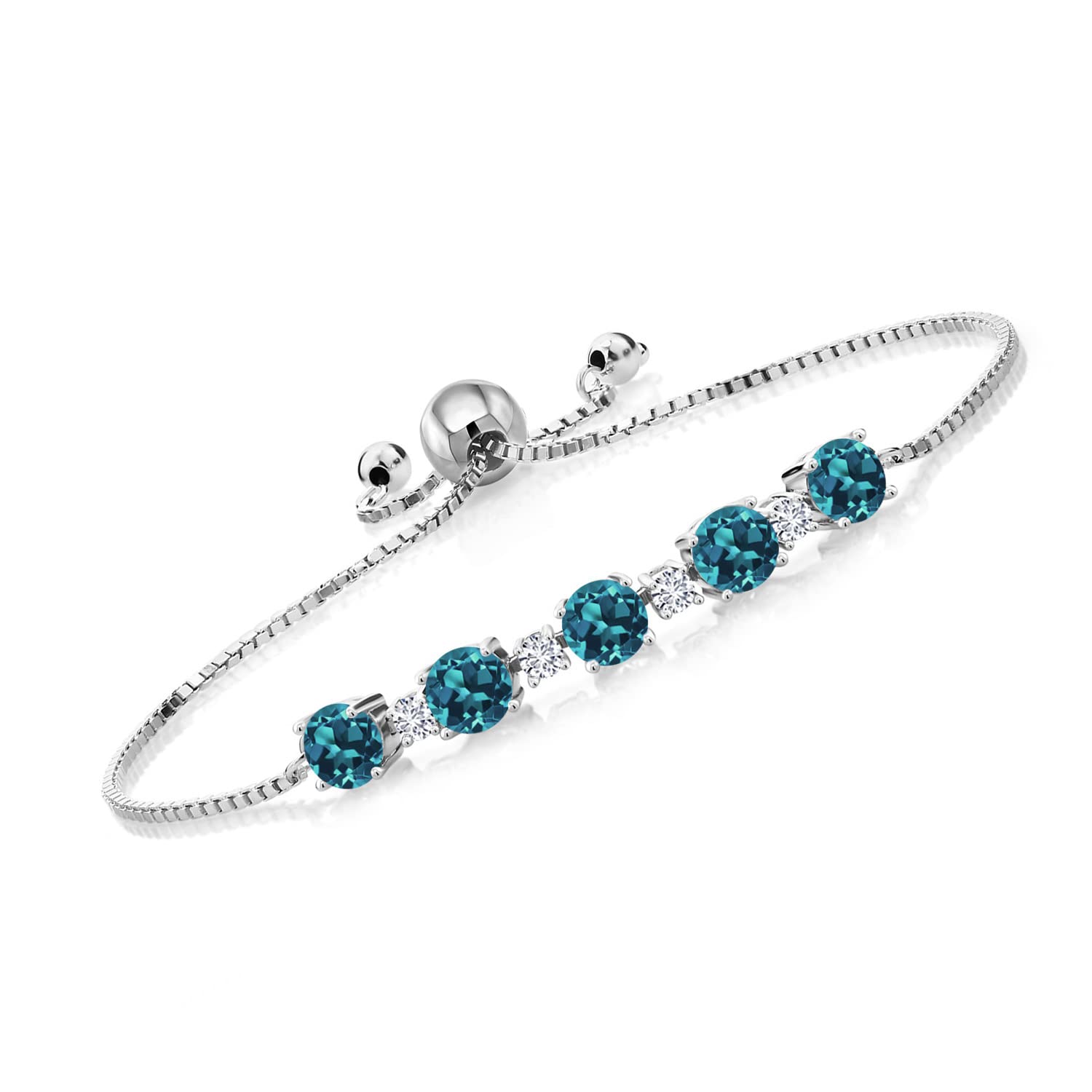 Gem Stone King 925 Sterling Silver Round London Blue Topaz and White Lab Grown Diamond Tennis Bracelet For Women (3.76 Cttw, Gemstone Birthstone, Fully Adjustable Up to 9 Inch)