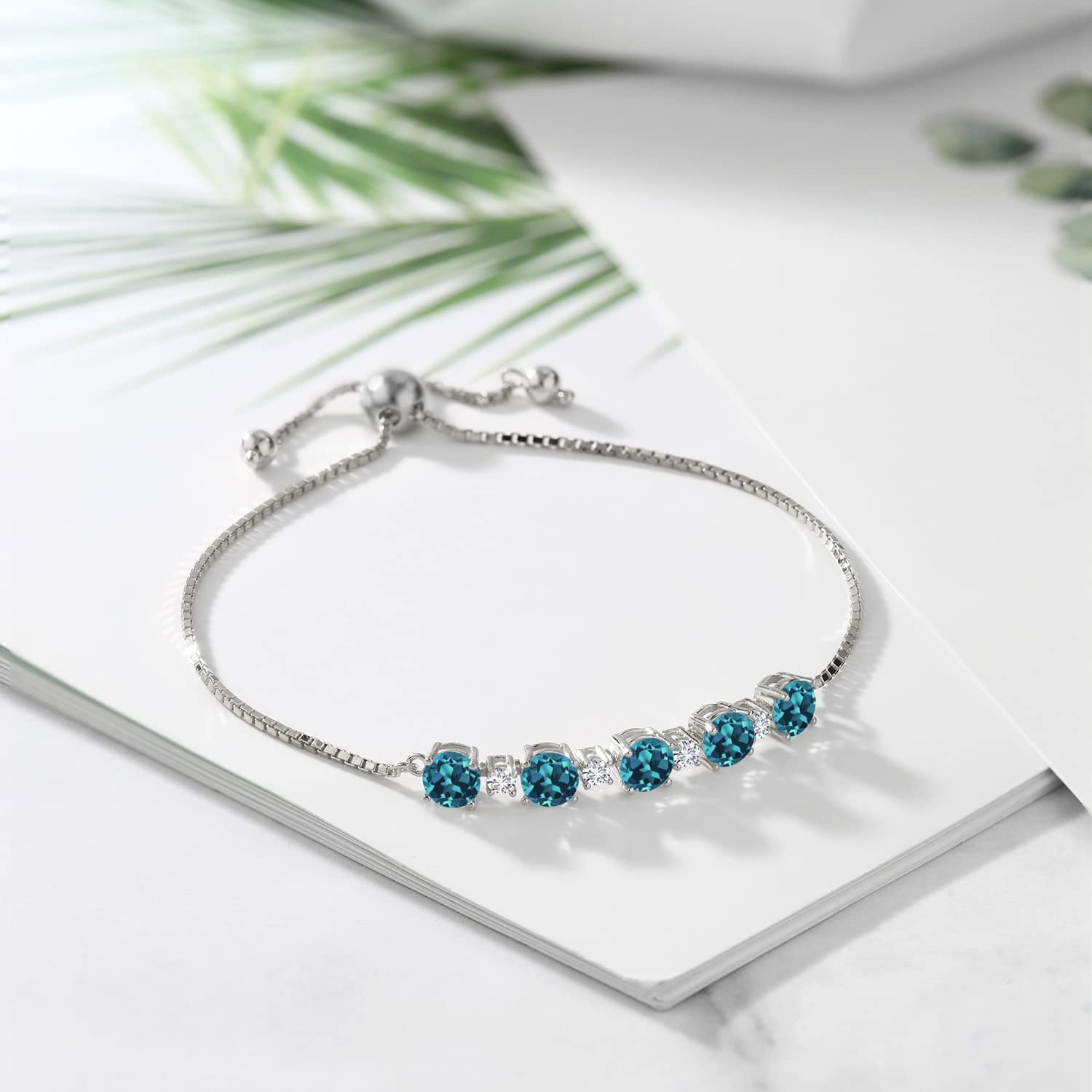 Gem Stone King 925 Sterling Silver Round London Blue Topaz and White Lab Grown Diamond Tennis Bracelet For Women (3.76 Cttw, Gemstone Birthstone, Fully Adjustable Up to 9 Inch)