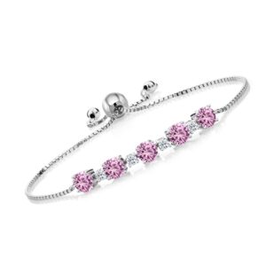 Gem Stone King 925 Sterling Silver Pink Created Sapphire and White Topaz Tennis Bracelet For Women (3.09 Cttw, Center Stone: 5MM, Small Stones: 2.5MM, Fully Adjustable Up to 9 Inch)