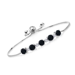 gem stone king 925 sterling silver round black onyx and white created sapphire tennis bracelet for women (2.58 cttw, gemstone birthstone, fully adjustable up to 9 inch)