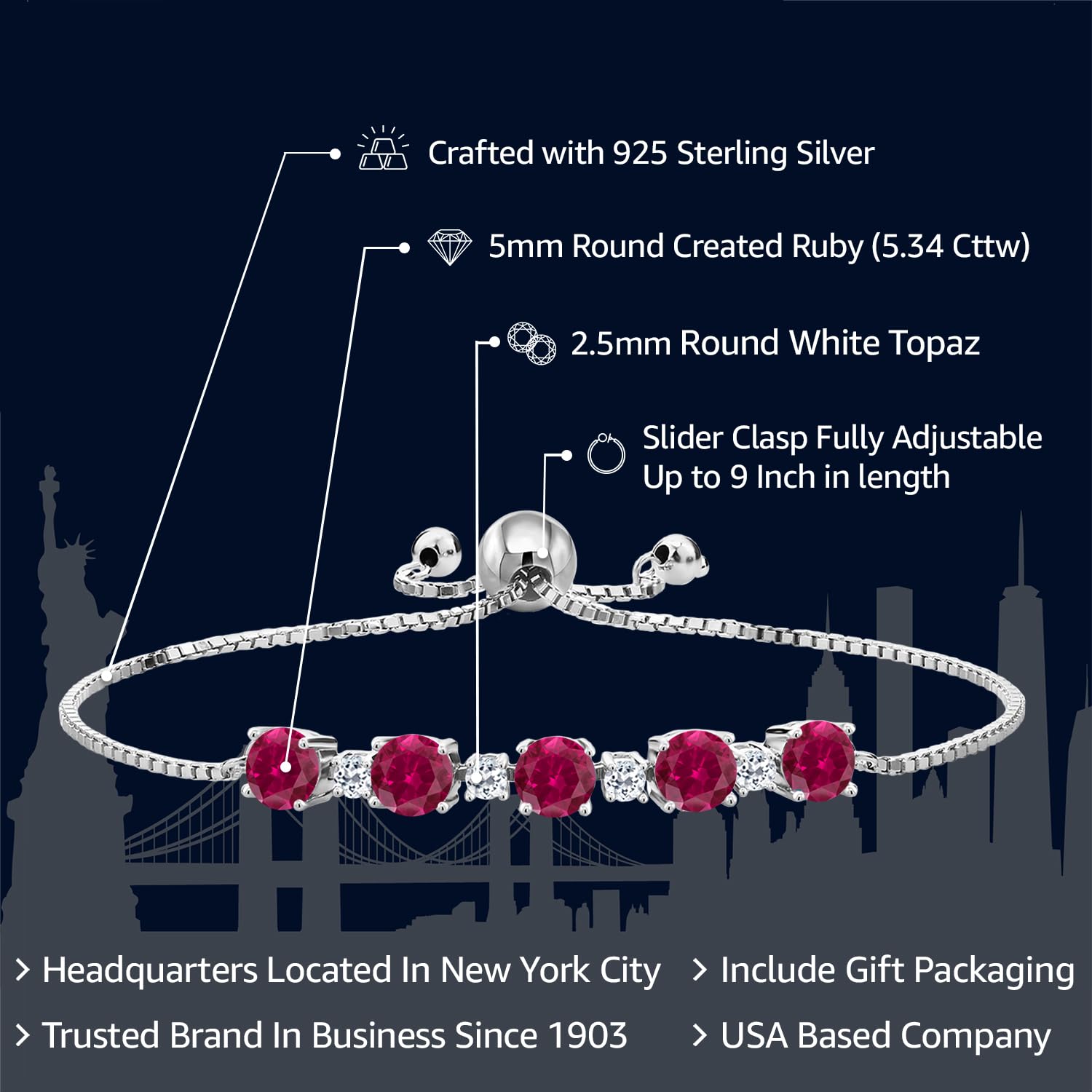 Gem Stone King 5.34 Cttw Red Created Ruby and White Topaz Tennis Bracelet For Women Set In 925 Sterling Silver | Round 5MM and 2.5MM | Fully Adjustable Up to 9 Inch