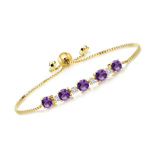 Gem Stone King 2.64 Ct Purple Amethyst G-H Lab Grown Diamond 18K Yellow Gold Plated Silver Tennis Bracelet For Women