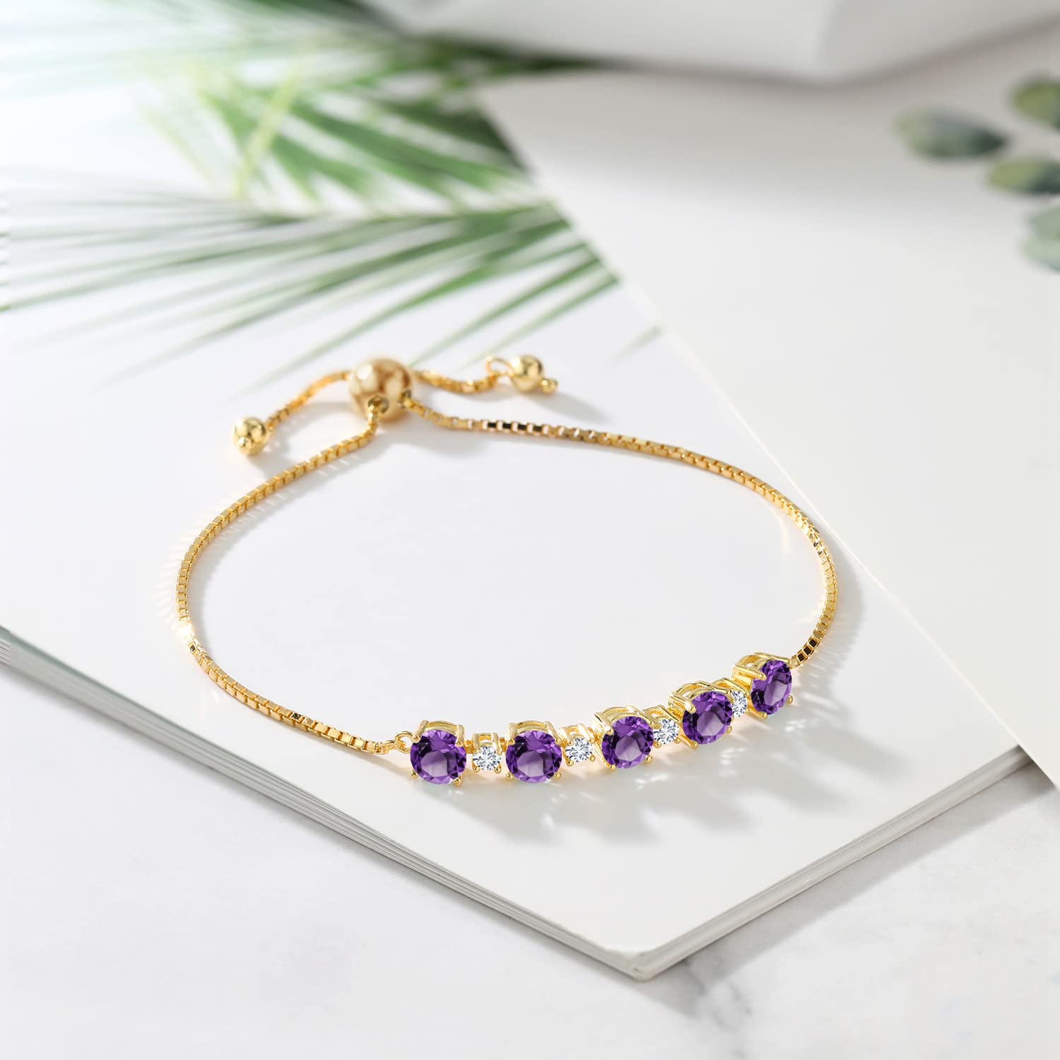 Gem Stone King 2.64 Ct Purple Amethyst G-H Lab Grown Diamond 18K Yellow Gold Plated Silver Tennis Bracelet For Women