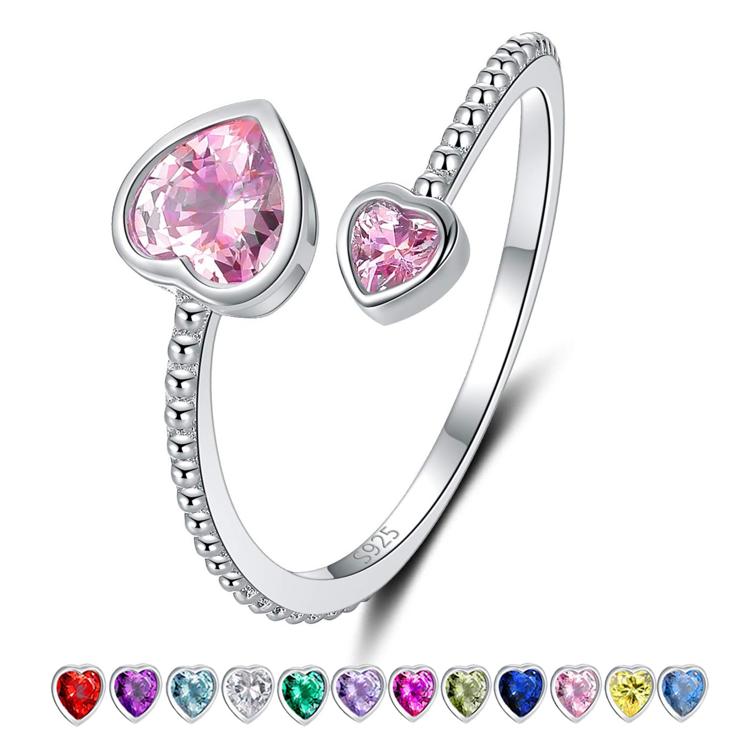 S925 Sterling Silver October Birthstone Rings for Women Sisters BBF - Adjustable Pink Heart Pomise Knuckle Ring for Teens - Birthday Thanksgiving Day Christmas Valentine's Day Party Gifts Jewelry