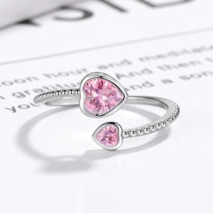 S925 Sterling Silver October Birthstone Rings for Women Sisters BBF - Adjustable Pink Heart Pomise Knuckle Ring for Teens - Birthday Thanksgiving Day Christmas Valentine's Day Party Gifts Jewelry