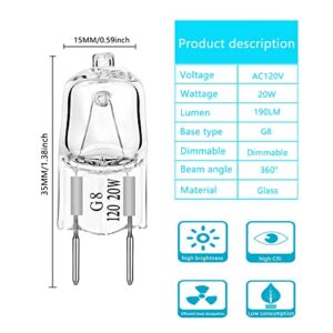 AHEVO G8 Light Bulbs 20Watt 120Volt Dimmable Halogen Light Bulb G8 Base Bi-Pin Shorter 20W T4 JCD Warm White Under Cabinet Puck Lighting Replacements,10Pack