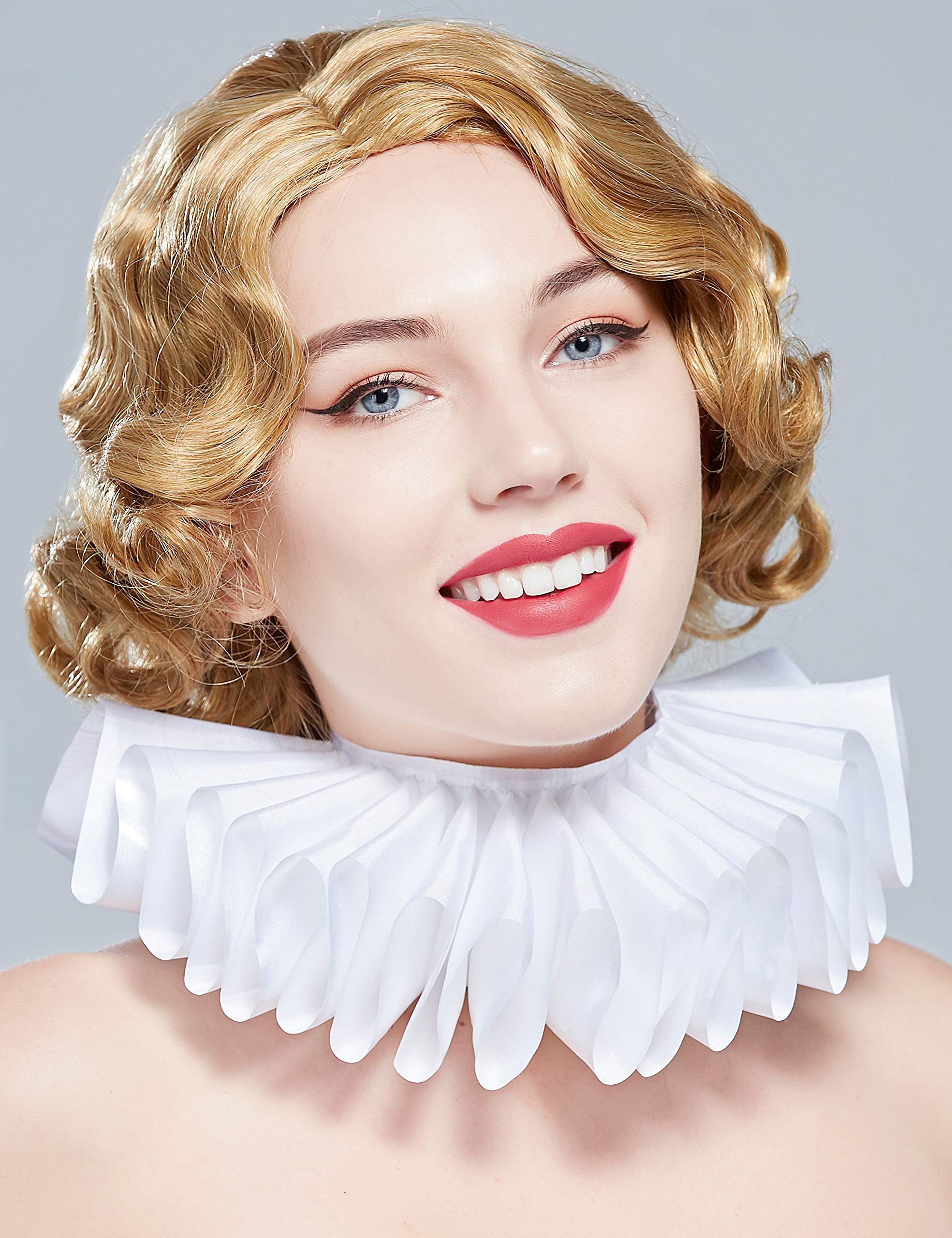 BABEYOND Renaissance Ruffled Neck Collar Vintage Clown Choker Wrap Renaissance Elizabethan Ruffle Layered Collar Scarf for Costume Party (White)