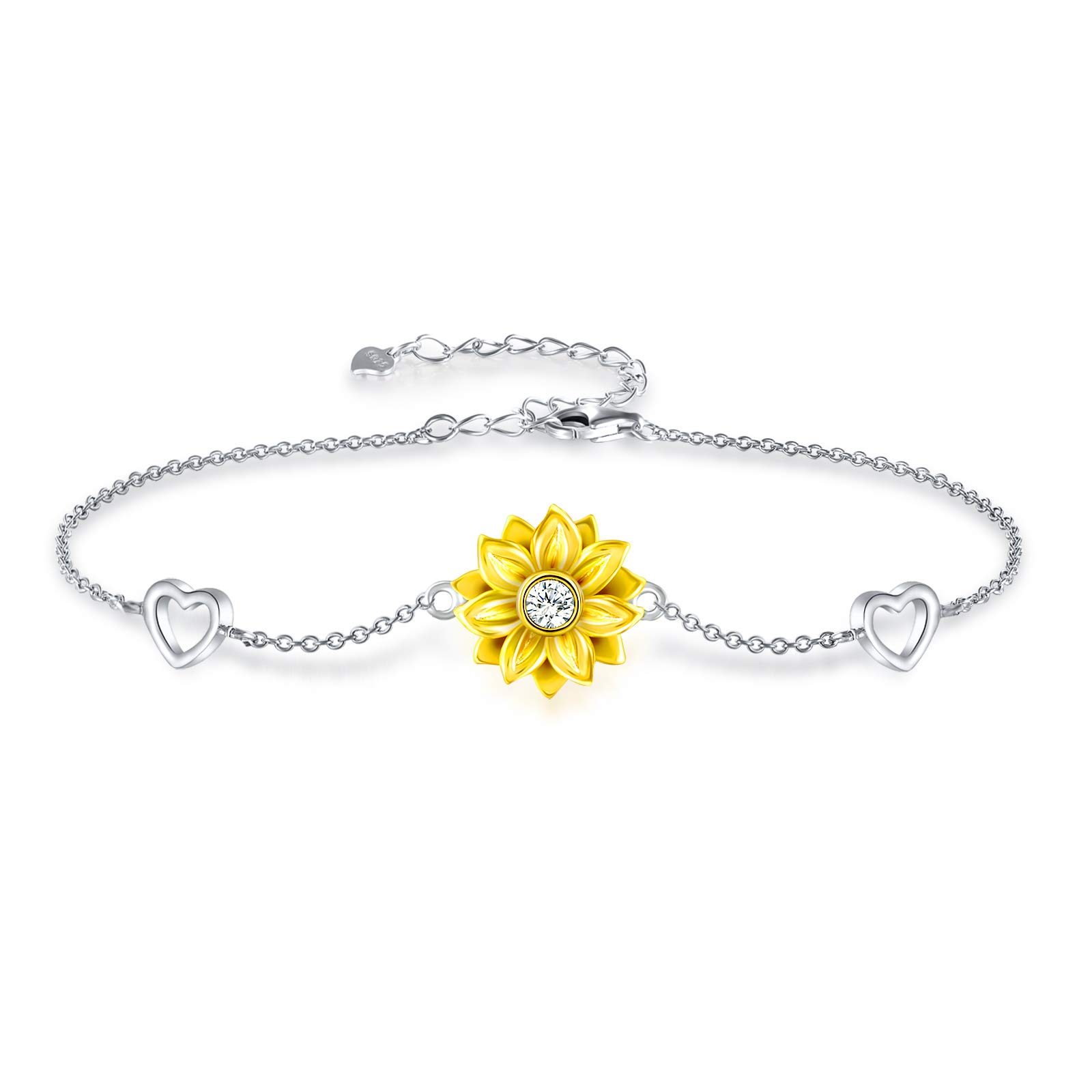 SNZM Bracelets for Women-925 Sterling Silver Sunflower Bracelet Chain Adjustable Heart Charm Link Birthday Sunflower Jewelry Gifts for Women/Daughter/Girlfriend