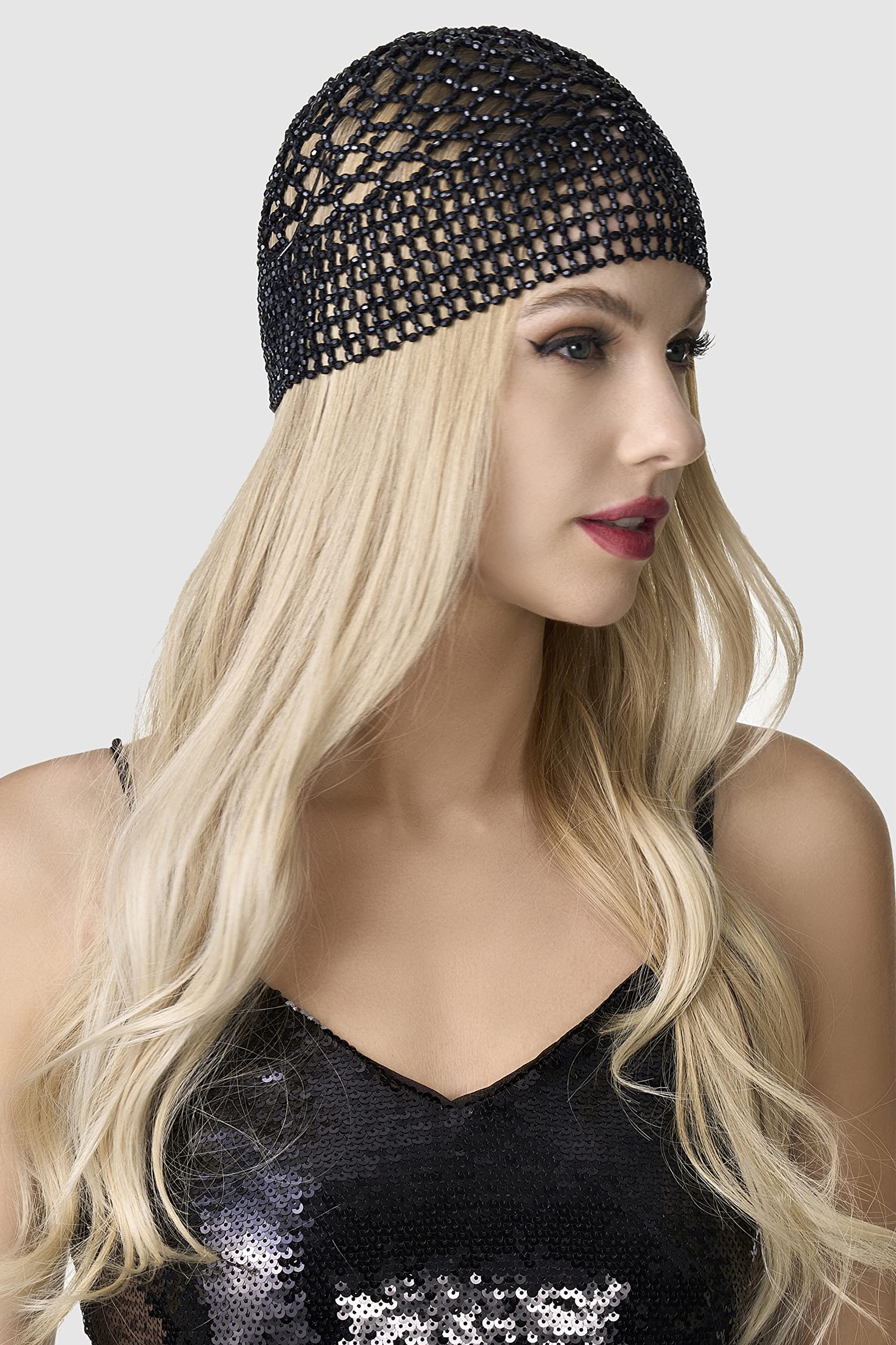 BABEYOND 1920s Beaded Cap Headpiece Belly Dance Cap Exotic Cleopatra Headpiece for Gatsby Themed Party (Black)