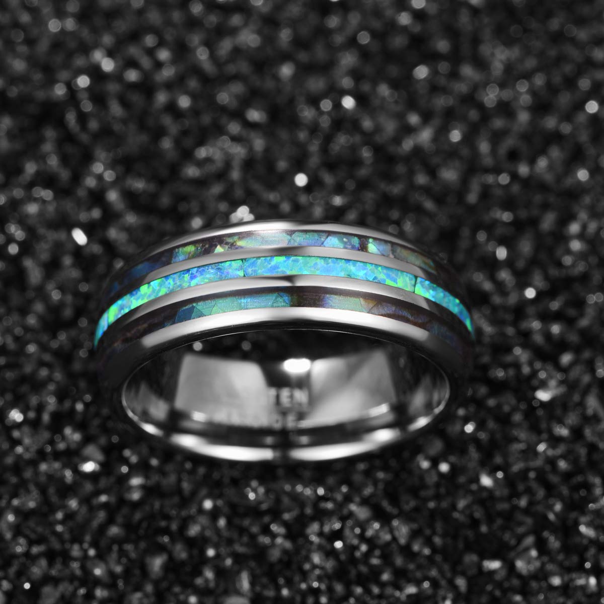 NUNCAD 8mm Tungsten Carbide Wedding Ring Polished Finish Green Opal and Abalone Shell Inlay Comfort Fit Sizw 6.5