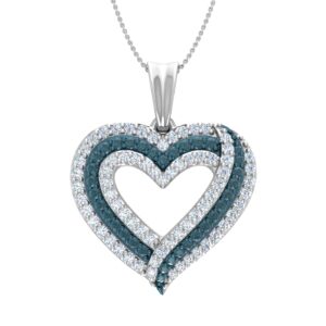 FINEROCK 1/2 Carat Blue Diamond & White Diamond Heart Pendant Necklace in 925 Sterling Silver