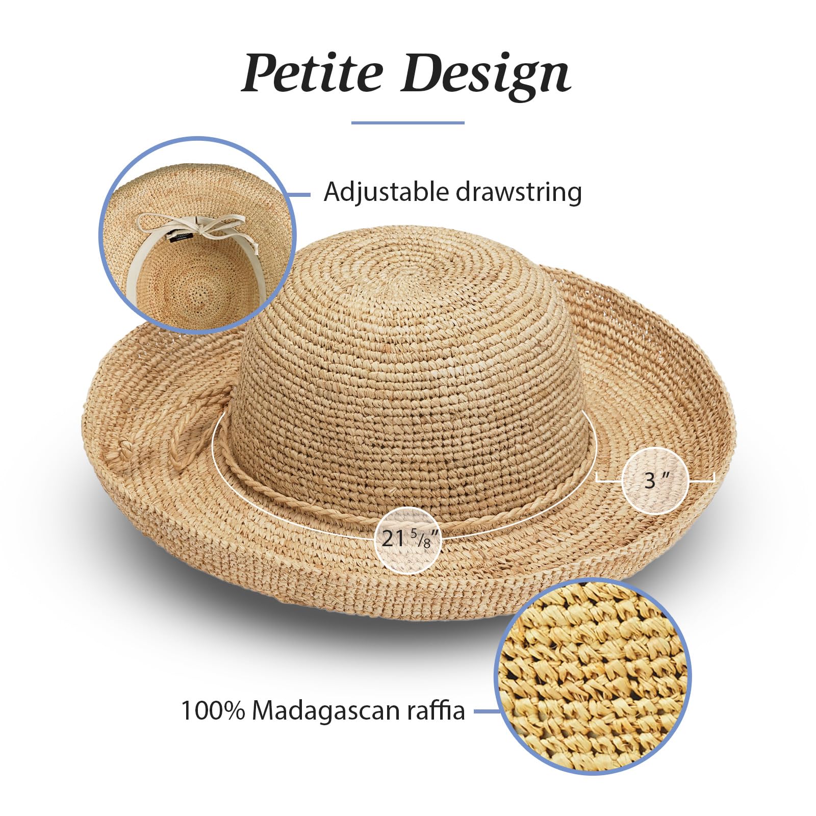 Wallaroo Hat Company – Women’s Petite Catalina Sun Hat – Wide Brim Natural Fiber and Adjustable Sizing for Smaller Crown Sizes – Chic Hat for Garden Parties, Beach Days and Outdoor Events (Natural)