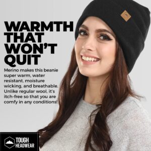 Tough Headwear Winter Beanie Knit Hat for Men & Women - Merino Wool Ribbed Cap - Warm & Soft Stylish Toboggan Skull Caps for Cold Weather - Basic - Black