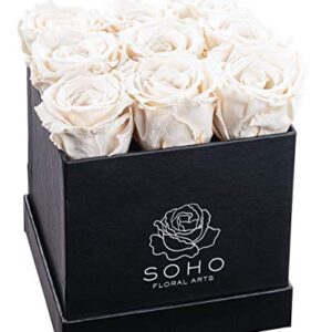 SOHO FLORAL ARTS New Roses Preserved Flowers | Genuine Roses That Lasts for Years | Flowers for Delivery | Large/XL Box (Black Box White Roses 9ct)