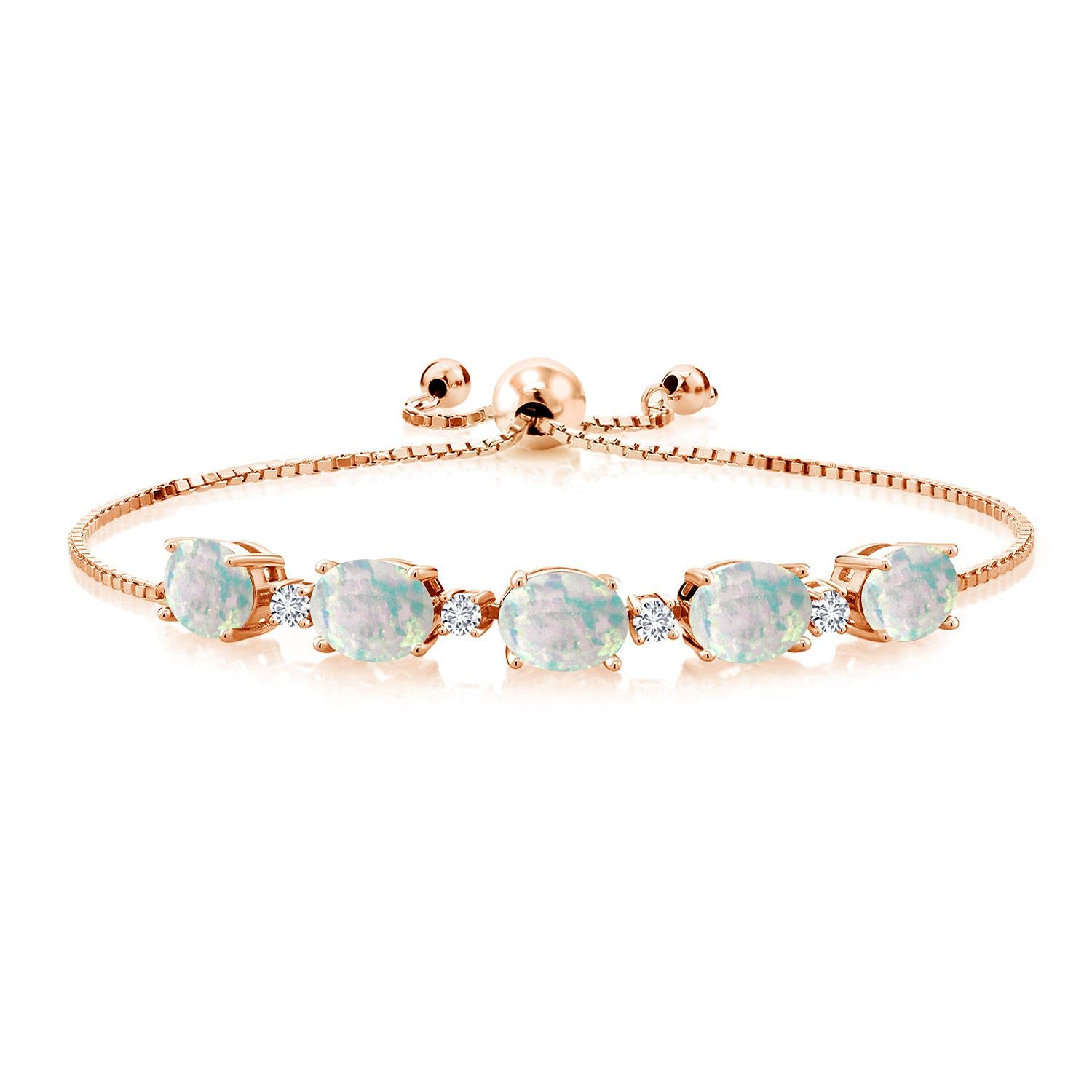 Gem Stone King 5.26 Ct Oval Cabochon White Simulated Opal G-H Lab Grown Diamond 18K Rose Gold Plated Silver Bracelet For Women