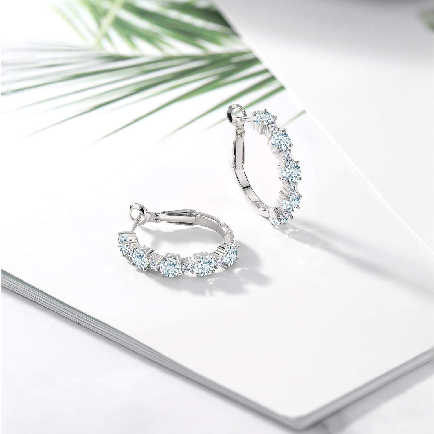 Gem Stone King 925 Sterling Silver Sky Blue Aquamarine and White Lab Grown Diamond Hoop Earrings For Women (2.80 Cttw, Round 4MM and 1.9MM, Gemstone Birthstone 1 Inch Diameter)