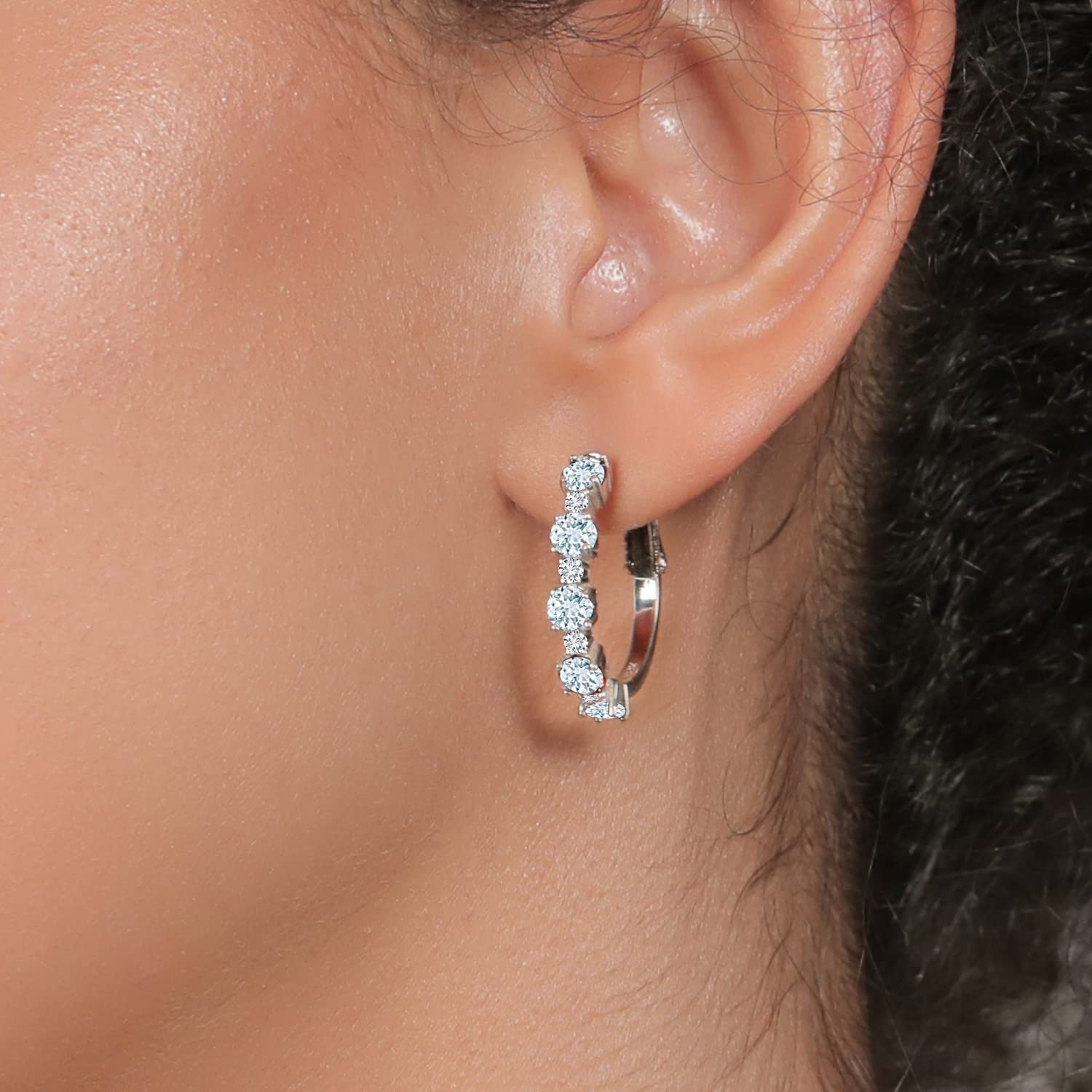 Gem Stone King 925 Sterling Silver Sky Blue Aquamarine and White Lab Grown Diamond Hoop Earrings For Women (2.80 Cttw, Round 4MM and 1.9MM, Gemstone Birthstone 1 Inch Diameter)