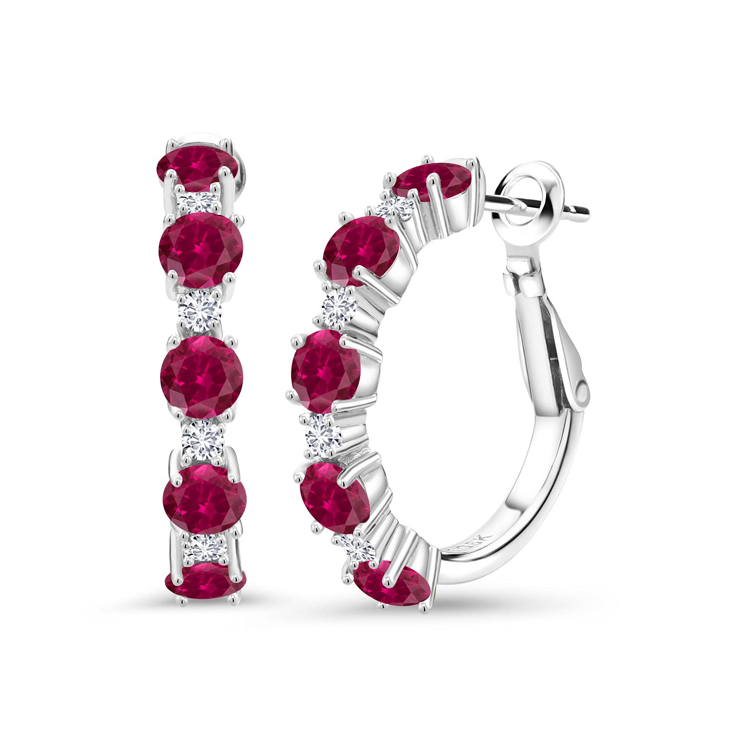 Gem Stone King 925 Sterling Silver Red Created Ruby and White Lab Grown Diamond Hoop Earrings For Women (2.80 Cttw, Round 4MM and 1.9MM, Gemstone Birthstone 1 Inch Diameter)