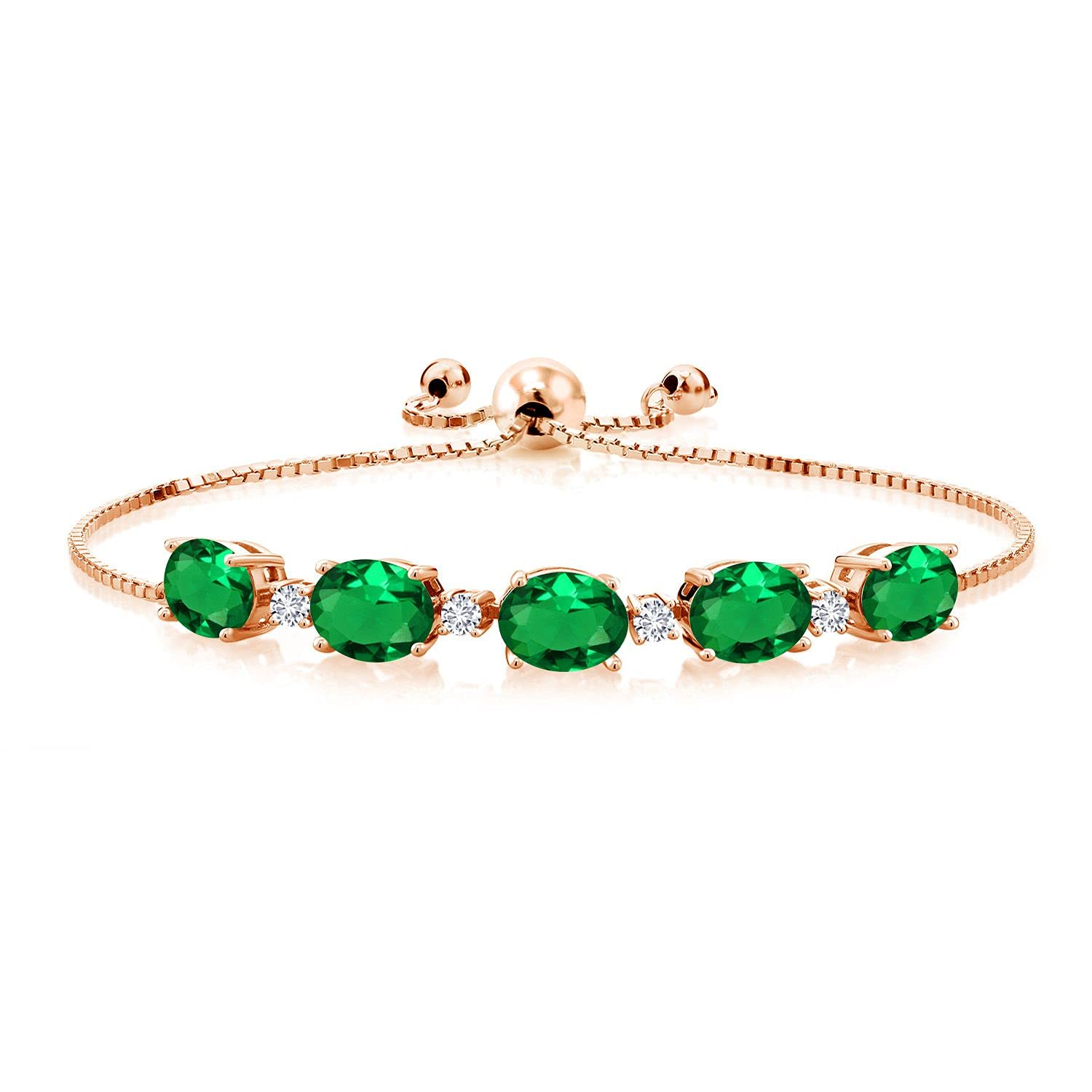 Gem Stone King 18K Rose Gold Plated Silver Green Simulated Emerald and White Lab Grown Diamond Tennis Bracelet For Women (4.01 Cttw, Fully Adjustable Up to 9 Inch)