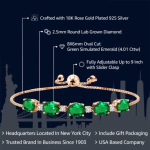 Gem Stone King 18K Rose Gold Plated Silver Green Simulated Emerald and White Lab Grown Diamond Tennis Bracelet For Women (4.01 Cttw, Fully Adjustable Up to 9 Inch)