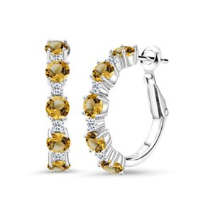 gem stone king 925 sterling silver yellow citrine and white topaz hoop earrings for women (2.88 cttw, round 4mm and 1.9mm, gemstone birthstone 1 inch diameter)