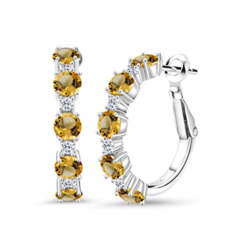 Gem Stone King 925 Sterling Silver Yellow Citrine and White Topaz Hoop Earrings For Women (2.88 Cttw, Round 4MM and 1.9MM, Gemstone Birthstone 1 Inch Diameter)