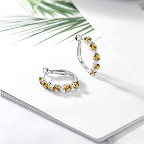 Gem Stone King 925 Sterling Silver Yellow Citrine and White Topaz Hoop Earrings For Women (2.88 Cttw, Round 4MM and 1.9MM, Gemstone Birthstone 1 Inch Diameter)