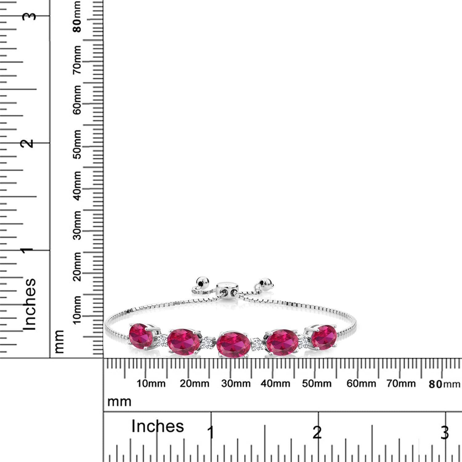 Gem Stone King 925 Sterling Silver Red Created Ruby and White Lab Grown Diamond Tennis Bracelet For Women (7.76 Cttw, Oval Center Stone:8X6MM, Small Stones: 2.5MM)