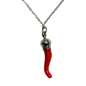 Italian Red Horn Necklace - Silver Cornicello Pendant with Sterling Chain - Great Chili Pepper Charm for Italy Pride