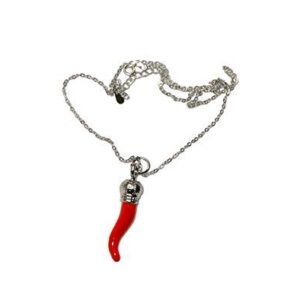 Italian Red Horn Necklace - Silver Cornicello Pendant with Sterling Chain - Great Chili Pepper Charm for Italy Pride