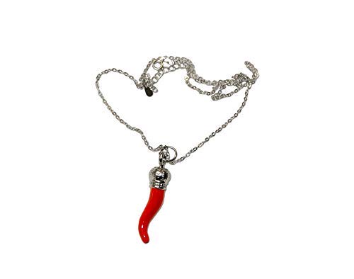 Italian Red Horn Necklace - Silver Cornicello Pendant with Sterling Chain - Great Chili Pepper Charm for Italy Pride