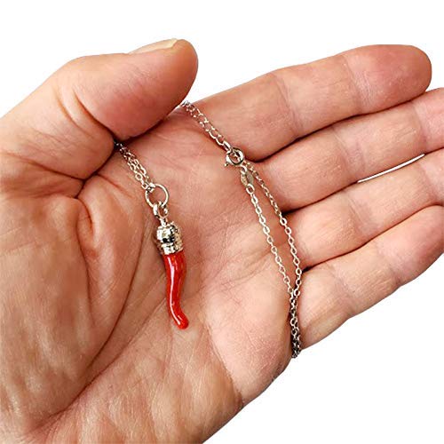 Italian Red Horn Necklace - Silver Cornicello Pendant with Sterling Chain - Great Chili Pepper Charm for Italy Pride