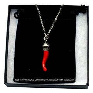 Italian Red Horn Necklace - Silver Cornicello Pendant with Sterling Chain - Great Chili Pepper Charm for Italy Pride