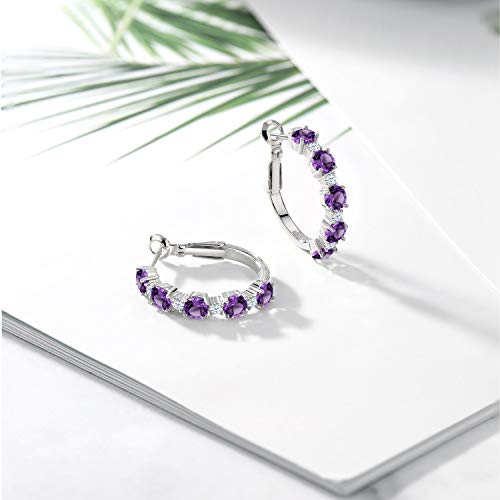 Gem Stone King 925 Sterling Silver Purple Amethyst and White Zirconia Hoop Earrings For Women (2.74 Cttw, Round 4MM and 1.9MM, Gemstone Birthstone 1 Inch Diameter)