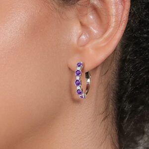 Gem Stone King 925 Sterling Silver Purple Amethyst and White Zirconia Hoop Earrings For Women (2.74 Cttw, Round 4MM and 1.9MM, Gemstone Birthstone 1 Inch Diameter)