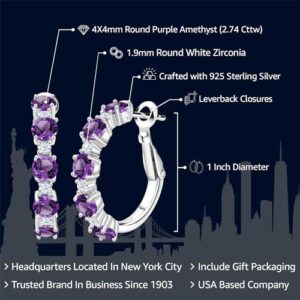 Gem Stone King 925 Sterling Silver Purple Amethyst and White Zirconia Hoop Earrings For Women (2.74 Cttw, Round 4MM and 1.9MM, Gemstone Birthstone 1 Inch Diameter)