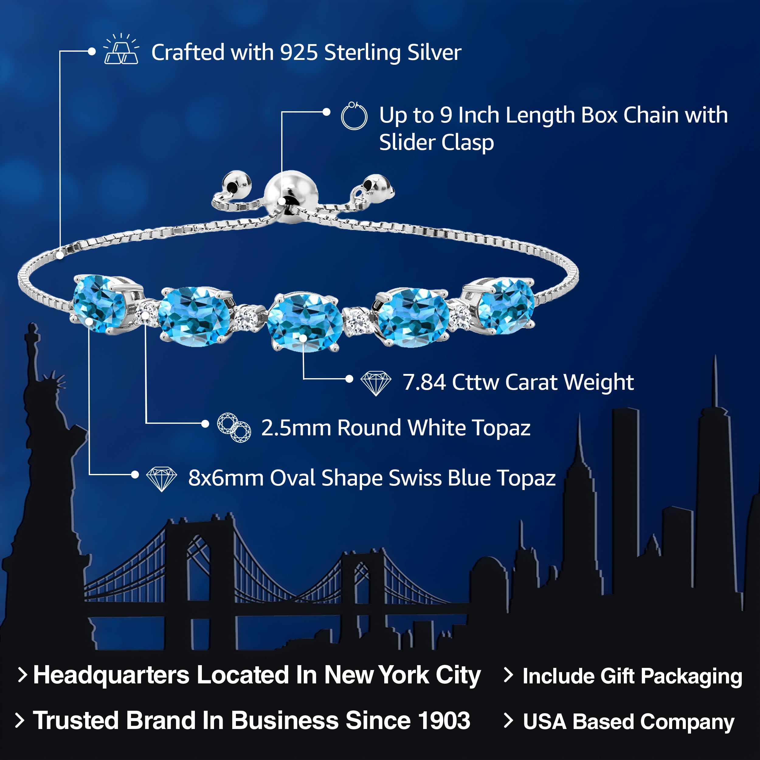 Gem Stone King 925 Sterling Silver Swiss Blue Topaz and White Topaz Tennis Bracelet For Women (7.84 Cttw, Center Stone: 8X6MM, Small Stones: 2.5MM, Gemstone Birthstone, Fully Adjustable Up to 9 Inch)