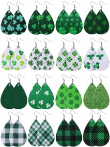 16 pairs st. patrick's day shamrock dangle earring faux leather clover drop earrings green plaid teardrop earrings