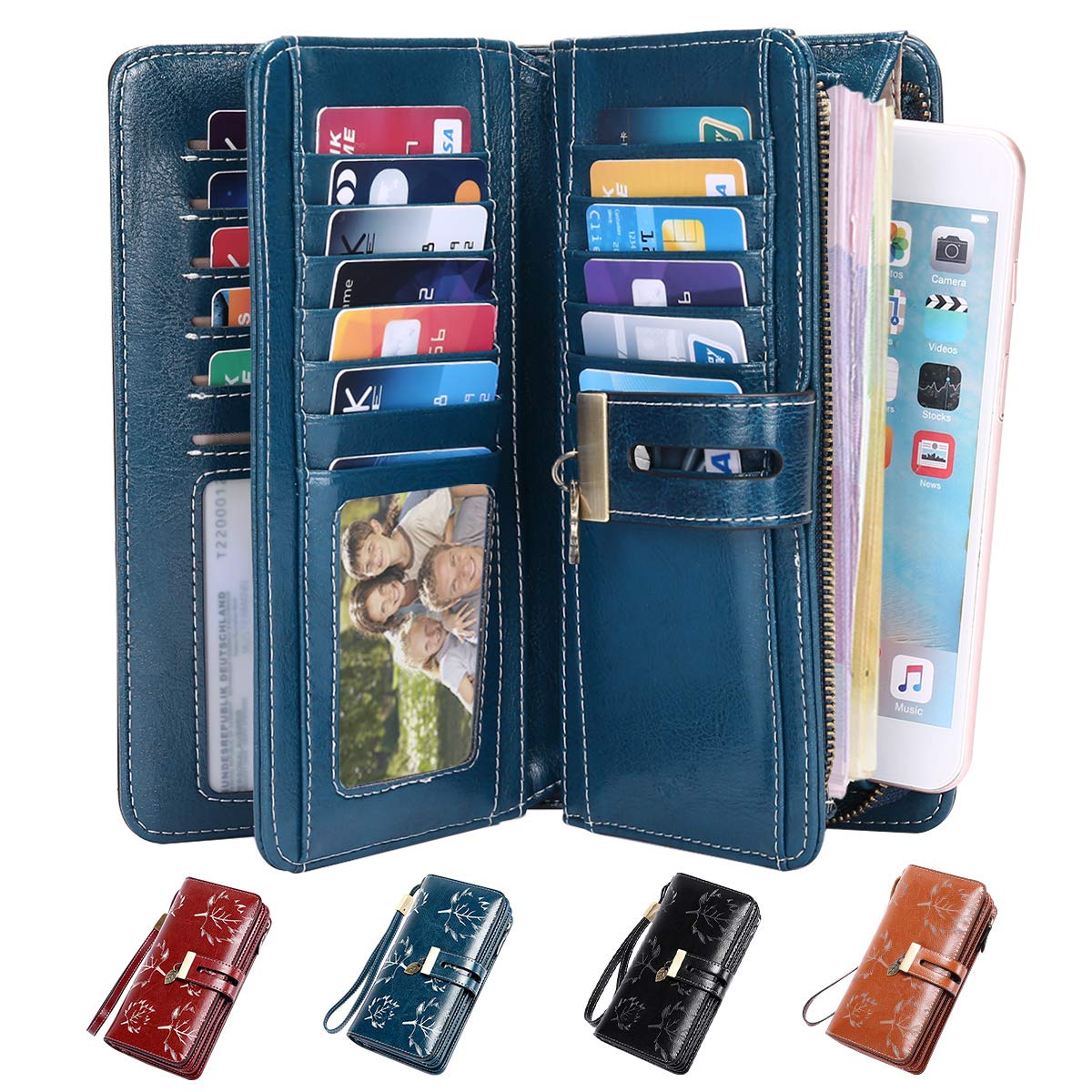 HUANLANG Women Wallets Large Ladies Leather Wallet with Coin Pocket RFID Wallet Organizer for Women with Wrist Strap (Blue Leaf)